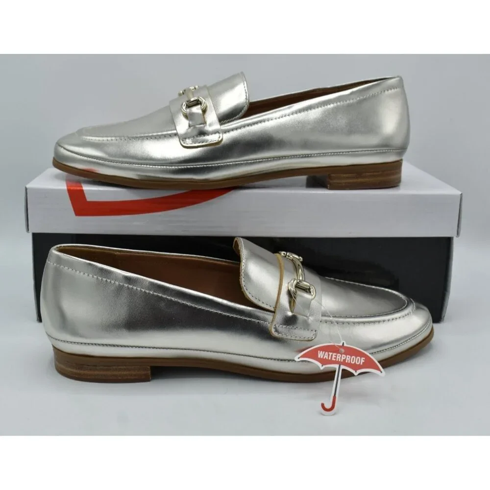 Blondo Women 9 Benita Platinum Metallic Leather Waterproof Slip On Loafers Shoes